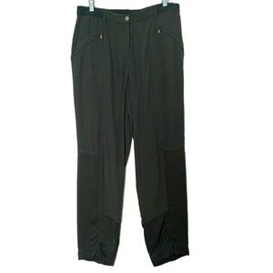 Per Se By Carlisle Women's Olive Green Gold Zip Pockets Satin Trim Pants Size 6